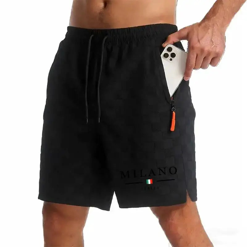 Men's black Milano shorts with zip pocket, drawstring, and Italian flag logo.