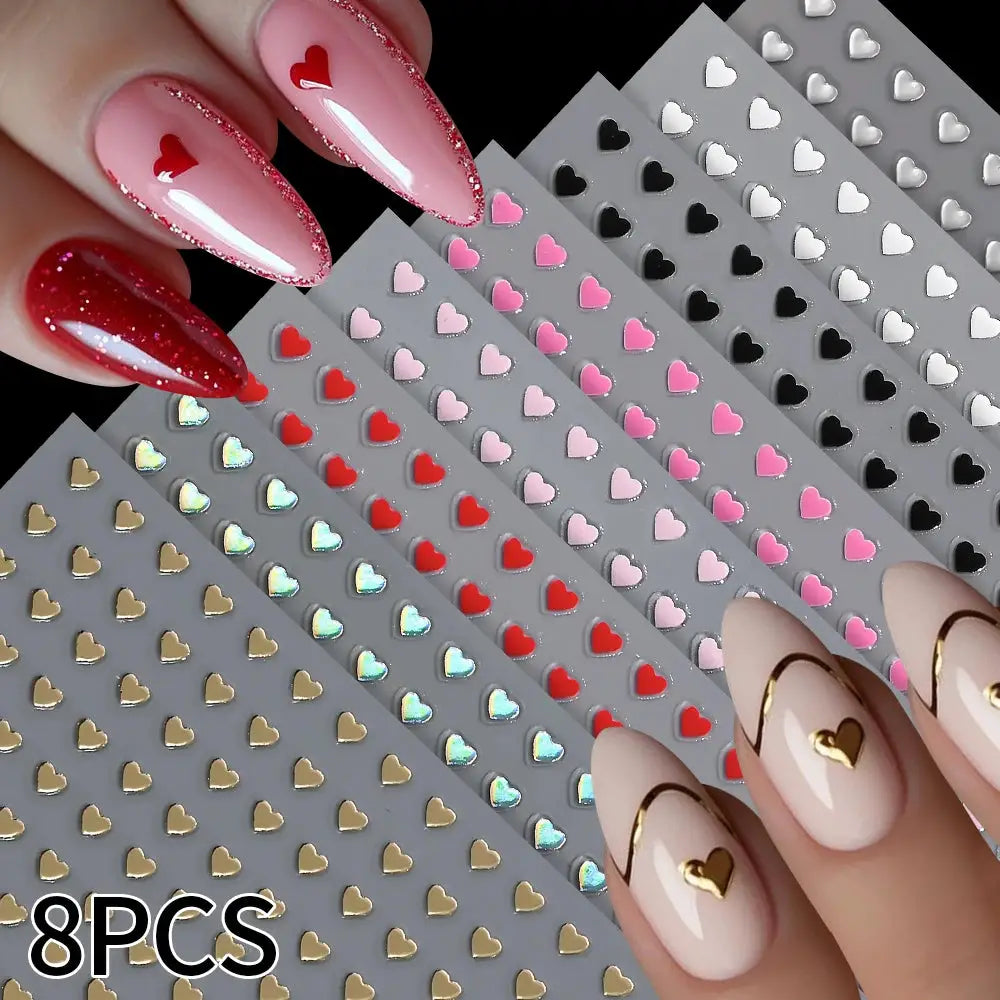 8pc 3D heart nail stickers set by Simples Market; Valentine’s Day themed red, pink, gold and holographic self-adhesive decals for manicure