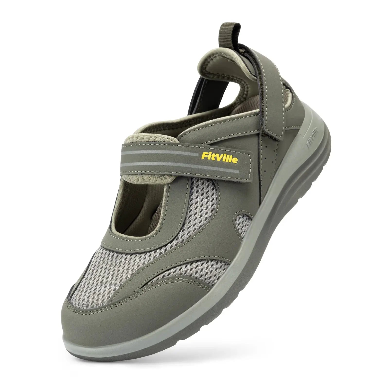 Women's sandals FitVille Mary Jane style with widened toe, gray-green breathable mesh upper, Velcro strap with logo