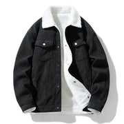 Men's black corduroy jacket with white sherpa lining, button front, chest pockets.