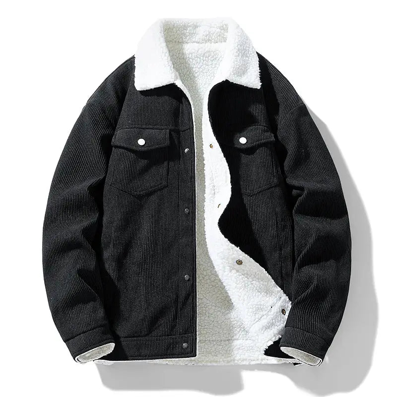 Men's black corduroy jacket with white sherpa lining, button front, chest pockets.