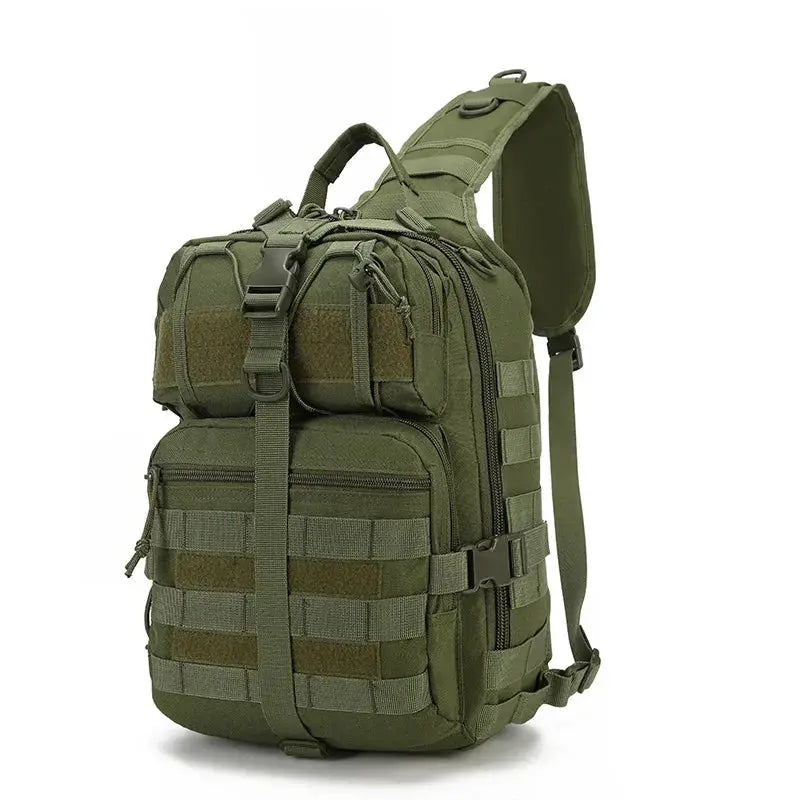 Simples Market tactical military sling bag in olive green with MOLLE webbing and front pouches.