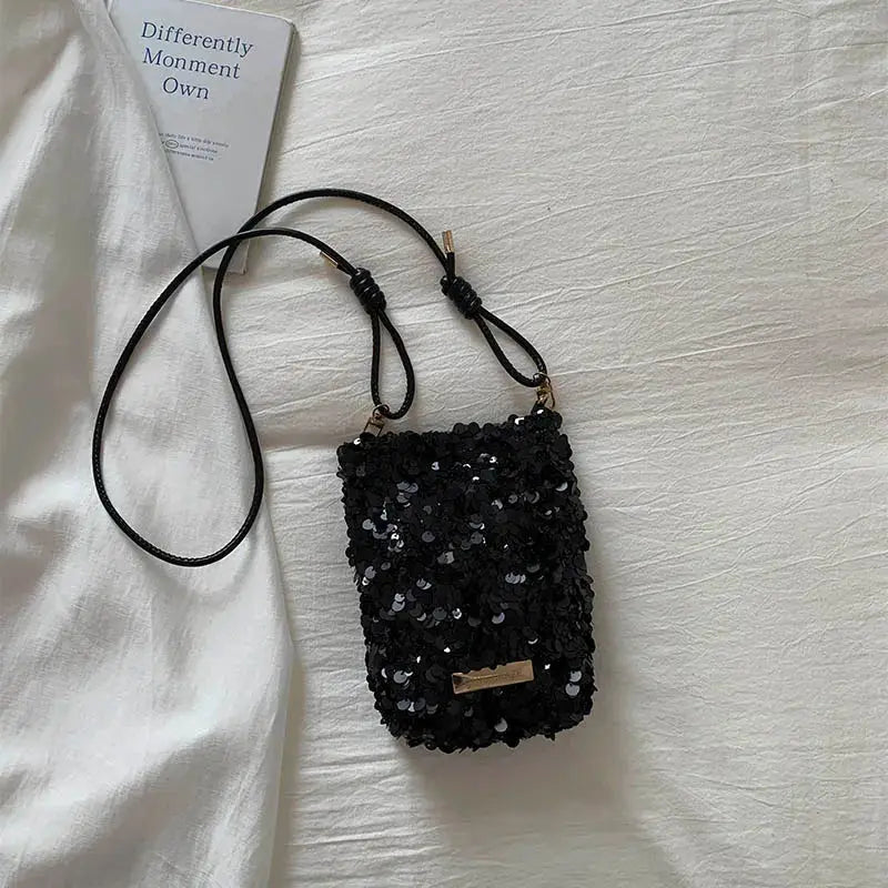 Leftside mini sequins shoulder bag, black with gold plaque, crossbody strap
