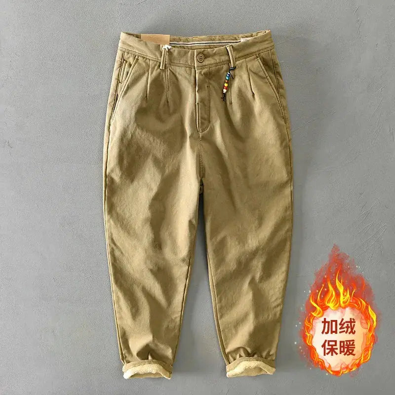 Men's khaki cotton winter pants with fleece-lined rolled cuffs and front pockets
