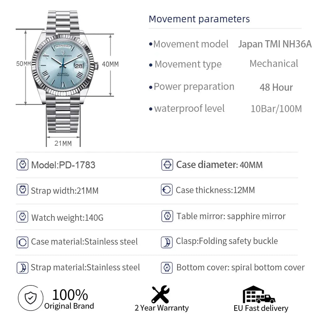 PAGANI DESIGN stainless steel 40mm men's automatic watch with light blue dial and date window