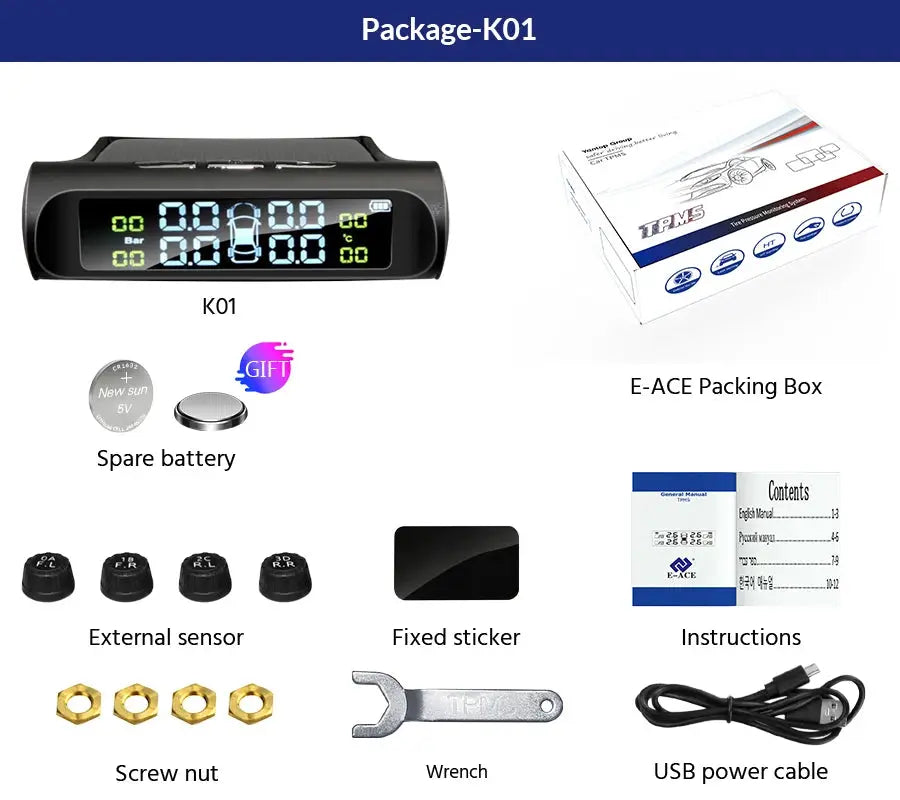 E-ACE TPMS K01 display unit with 4 external sensors, spare battery, USB cable, wrench, screws by Simples Market.