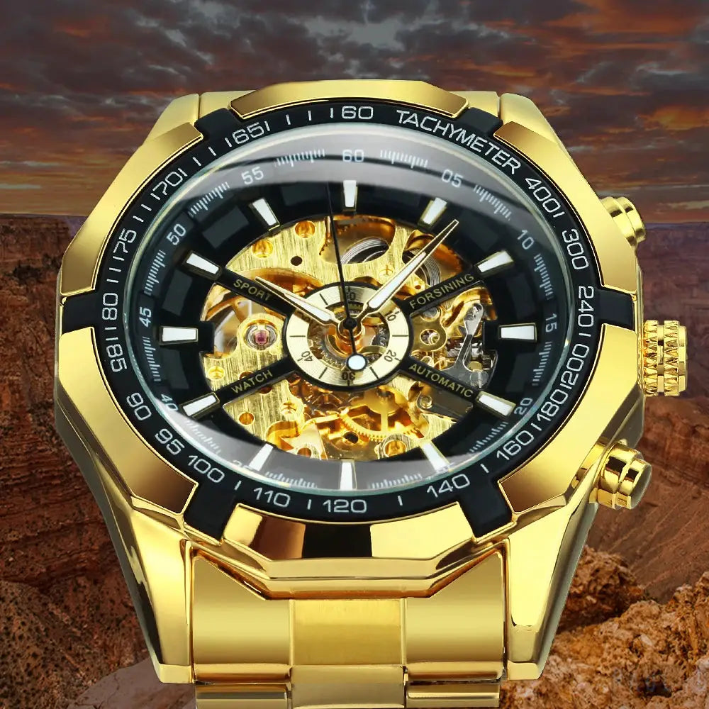WINNER Classic Skeleton Watch for Men by Forsining, gold-tone stainless steel with skeleton movement and luminous hands