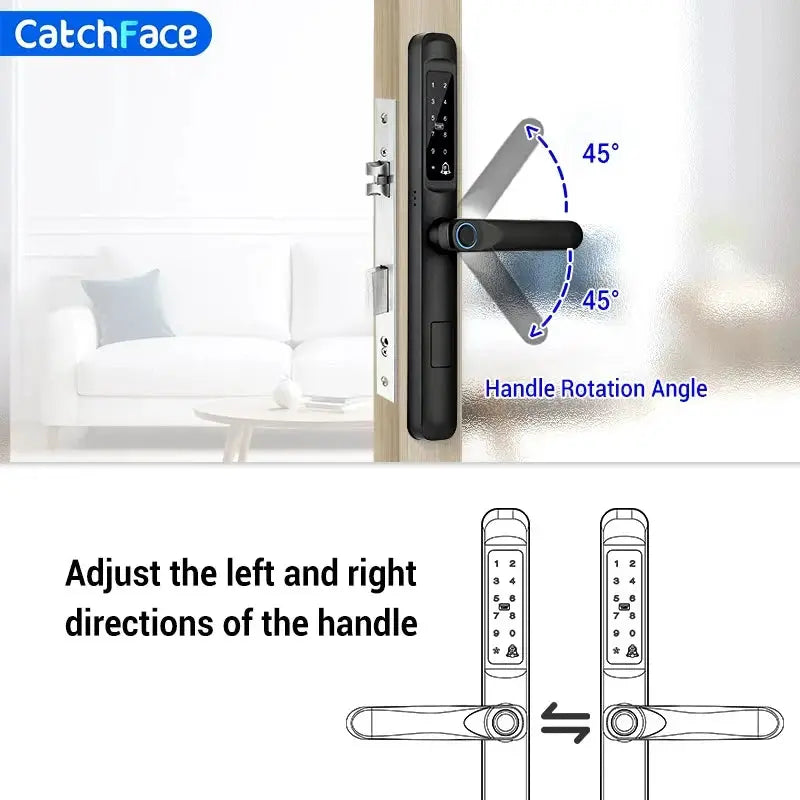CatchFace smart door lock with fingerprint keypad, TTLock Bluetooth app, and left-right handle rotation