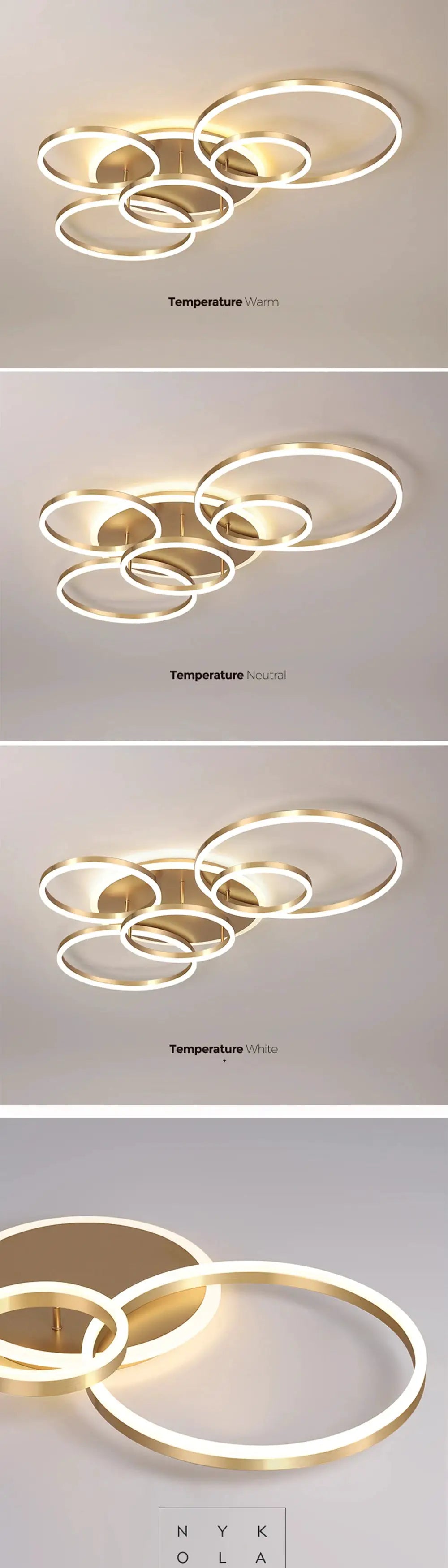 Modern LED ceiling chandelier by Simples Market featuring gold circular rings, dimmable indoor lighting