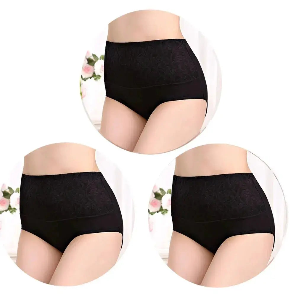 3-pack plus-size high-waist cotton panties with lace-pattern waistband and elastic comfort in black by Simples Market