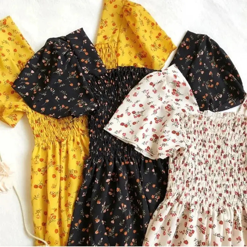 Spring Summer Floral Chiffon Midi Dress For Women With Elastic Waist Short Sleeves Backless Casual Printed