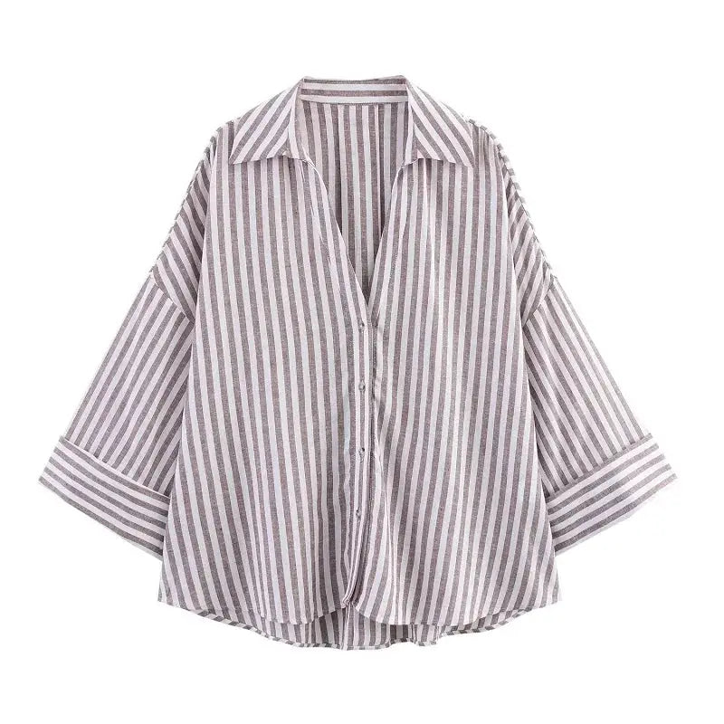 MUJER striped women's shirt by Simples Market, white-brown vertical stripes, loose button-up with wide sleeves.