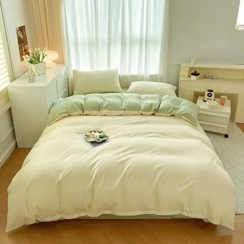 Simples Market 4-piece duvet cover bedding set in cream and mint two-sided brush fabric with pillowcases