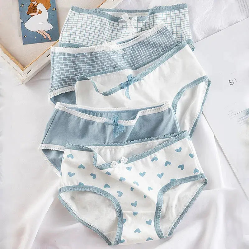 5-pack women's cotton panties set in blue tones with heart prints, grid prints and bow trims