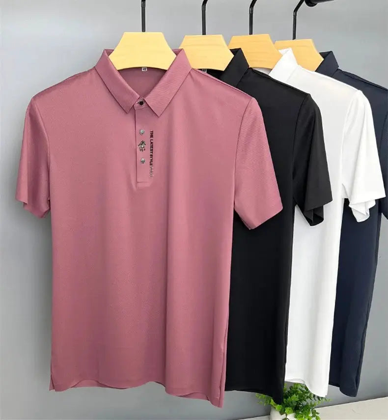 Simples Market ice-silk men's polo shirts set of five in pink/black/white/navy; short-sleeve with embroidery.