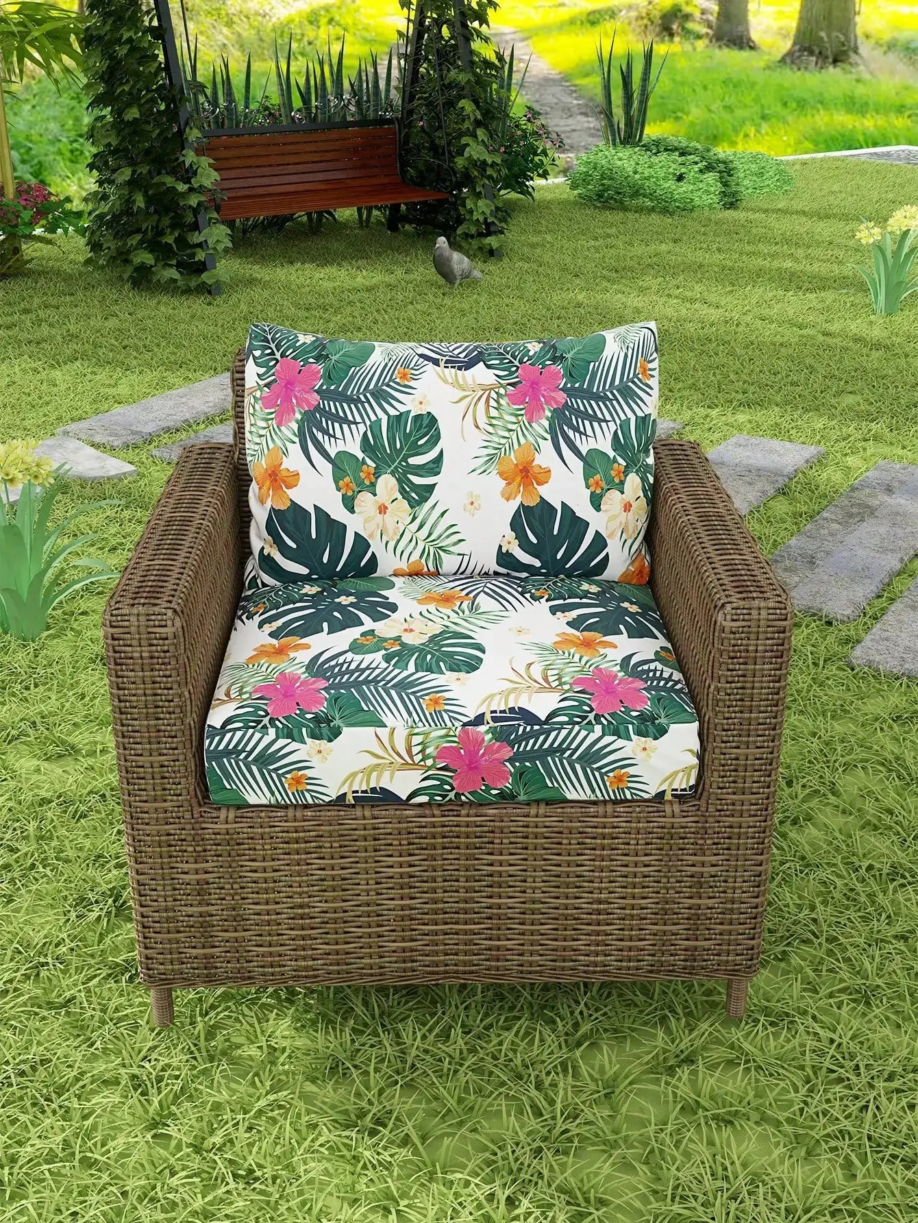 Simples Market outdoor tropical print cushion covers; white background with green leaves and hibiscus (two cushions)