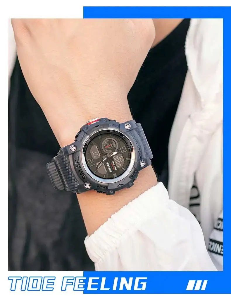 SMAEL men's military-style wristwatch with digital LED display, black rugged case