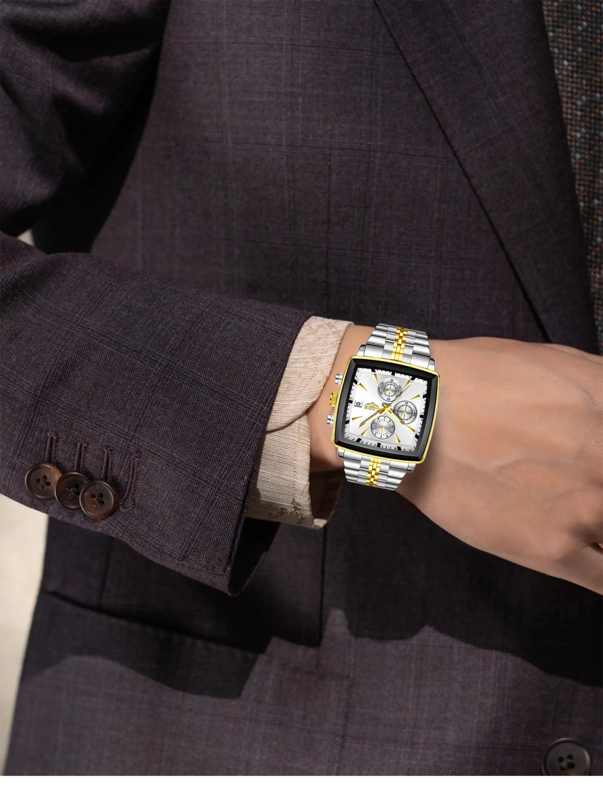 LIGE men's square-dial stainless steel watch on wrist with silver-gold two-tone bracelet