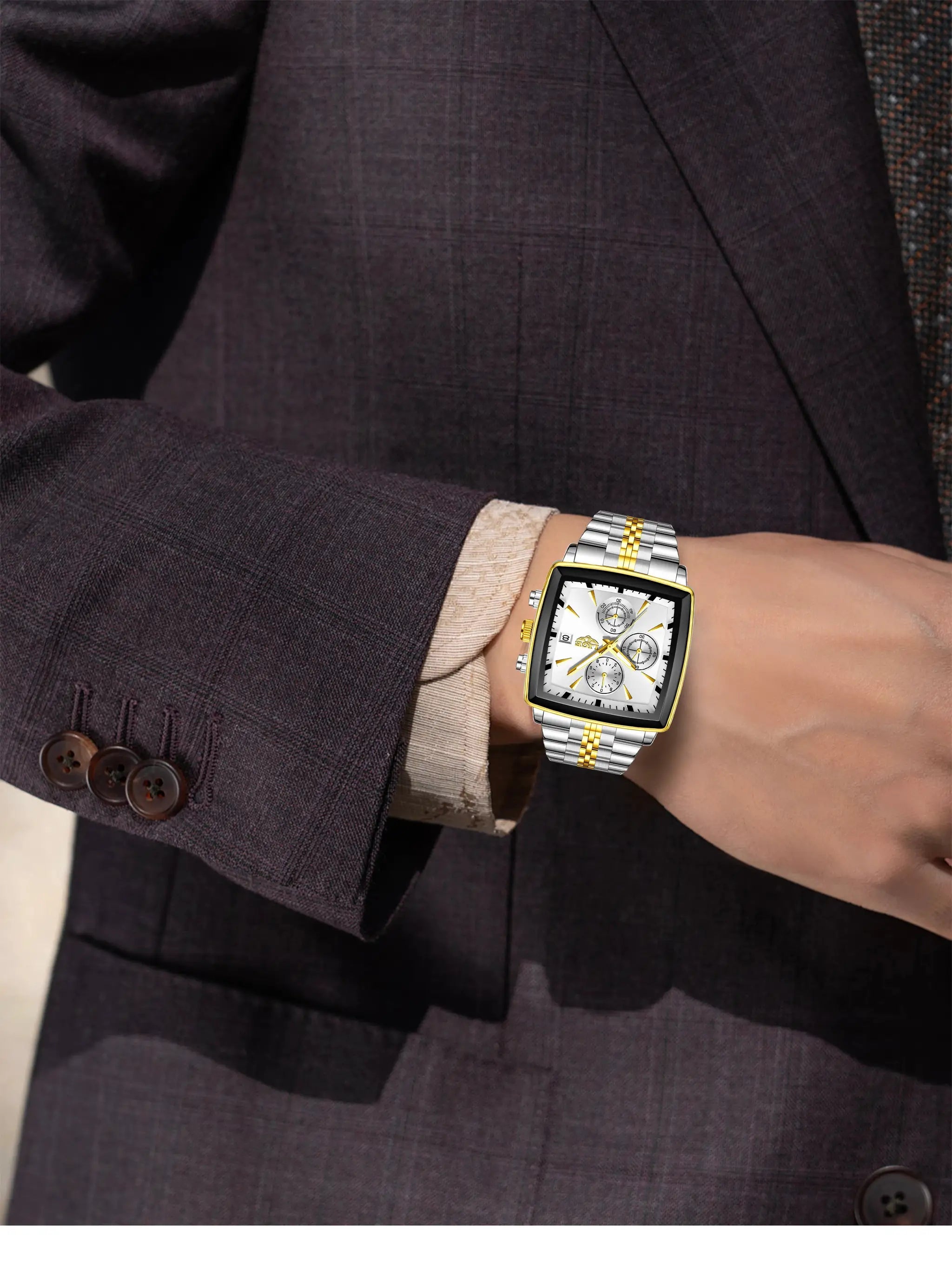 LIGE men's square-dial stainless steel watch on wrist with silver-gold two-tone bracelet