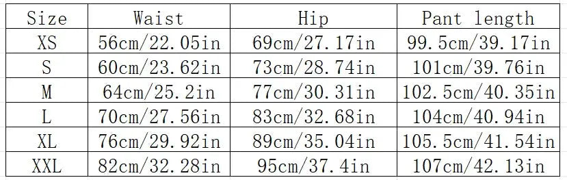 Simples Market women's super soft flare pants size chart with XS–XXL waist, hip, and pant length