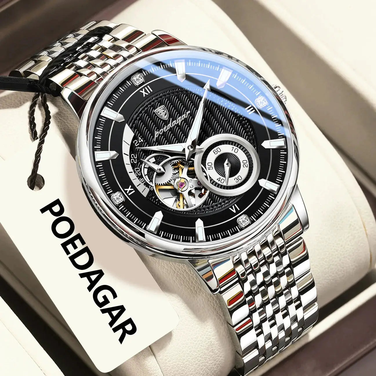POEDAGAR luxury men's wristwatch with hollow tourbillon, stainless steel bracelet, luminous dial
