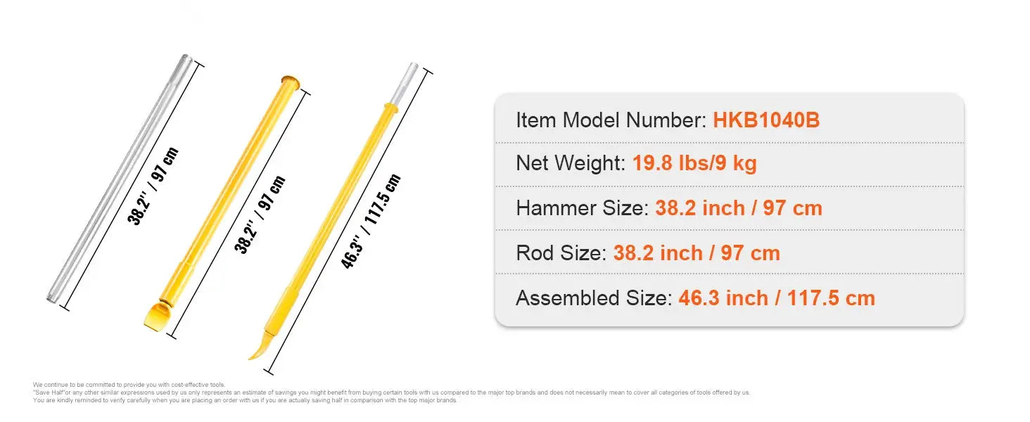 Tire bead breaker slide hammer set by Simples Market, heavy-duty steel tools (3-piece) with measurement diagram