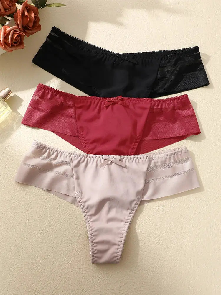FINETOO 3pc lace hollow-out low-waist thong panty set by Simples Market in black, burgundy, and nude