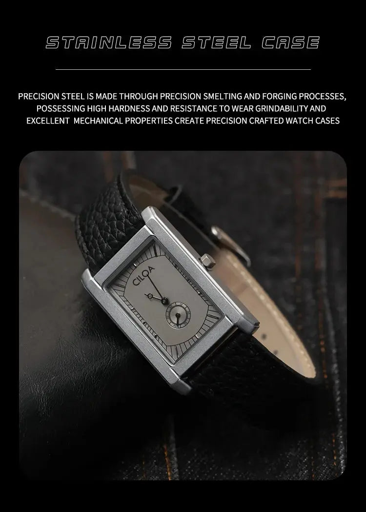 CILOA square casual simple watch, men's quartz with gray dial, stainless steel case and black leather strap.