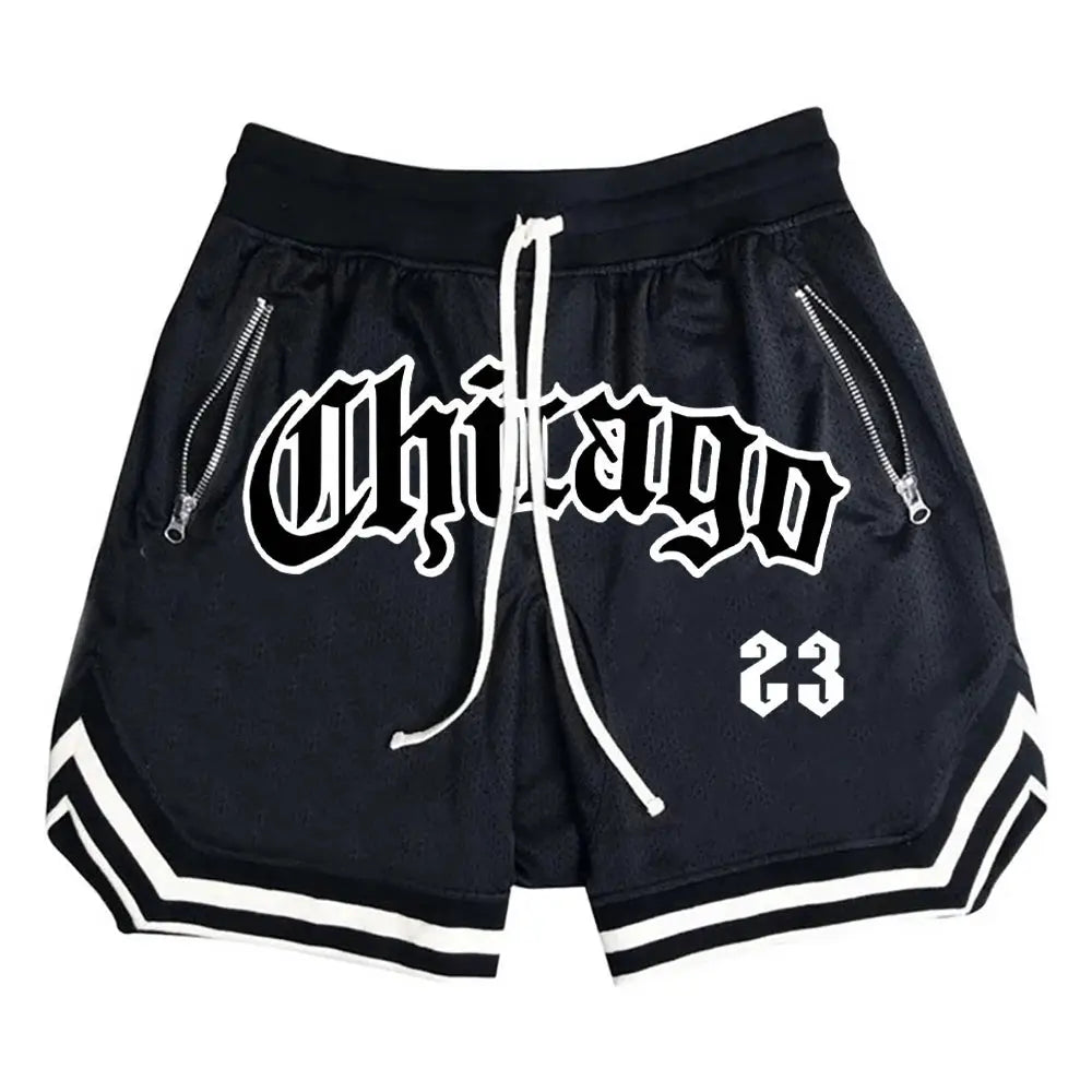 Simples Market black men's basketball shorts with white drawstring, zip pockets, mesh fabric, and a bold 23 graphic.