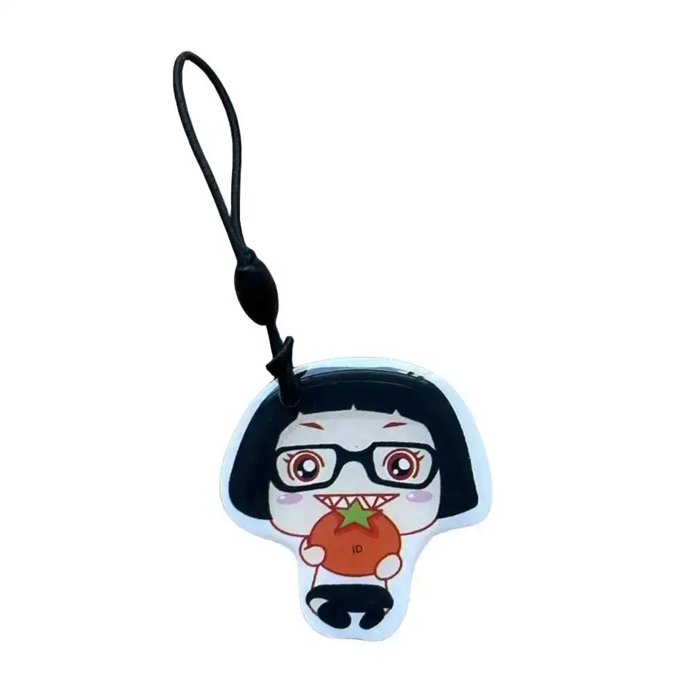 RFID EM4305/T5577 125KHz key tag with cartoon girl design on white tag and black strap