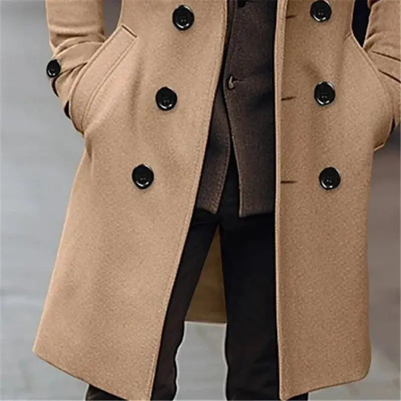 Men's camel wool-blend double-breasted long trench coat with black buttons.
