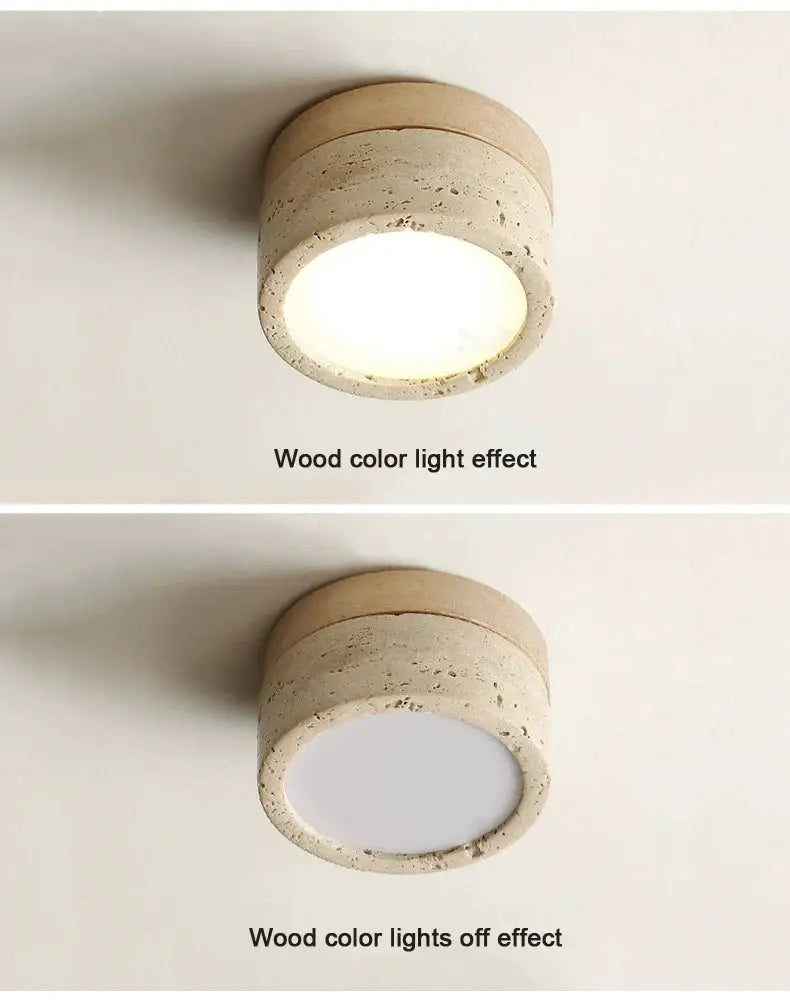 Japanese Wabi Sabi stone LED ceiling light by Simples Market, cream wood-tone finish.