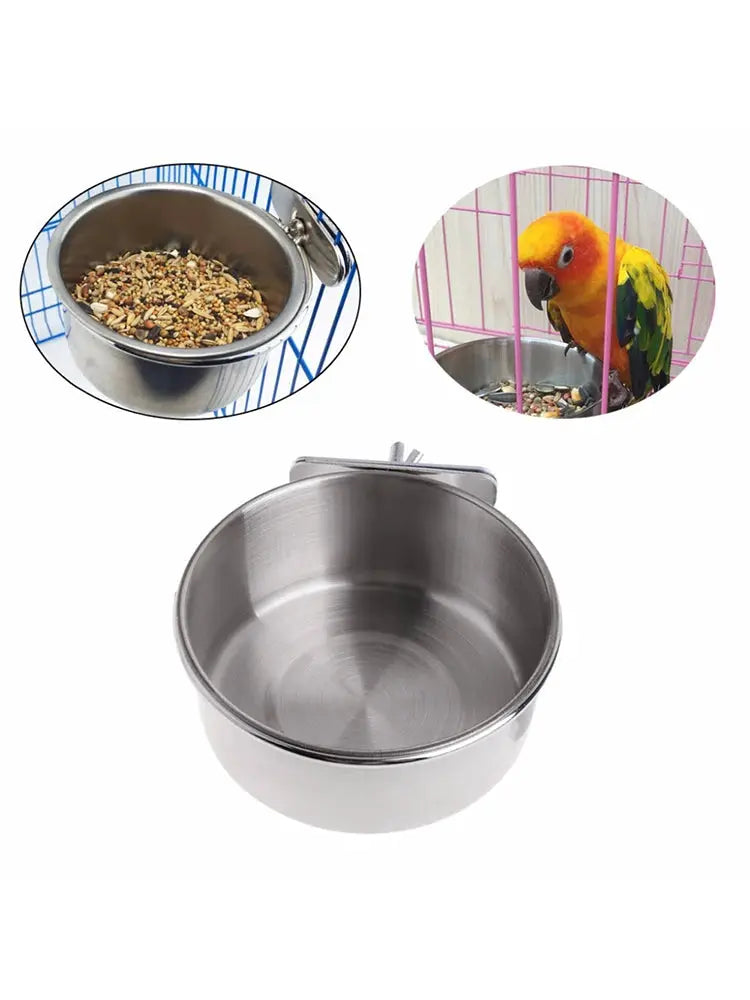 Stainless steel parrot feeding cups with clamp-on cage holder; food and water bowls for parakeets and small birds