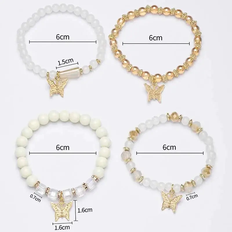 4 Pcs Trendy Butterfly Beaded Bracelet Set For Women Pink Acrylic Beads Elastic Chain Bangles Party Jewelry Gift