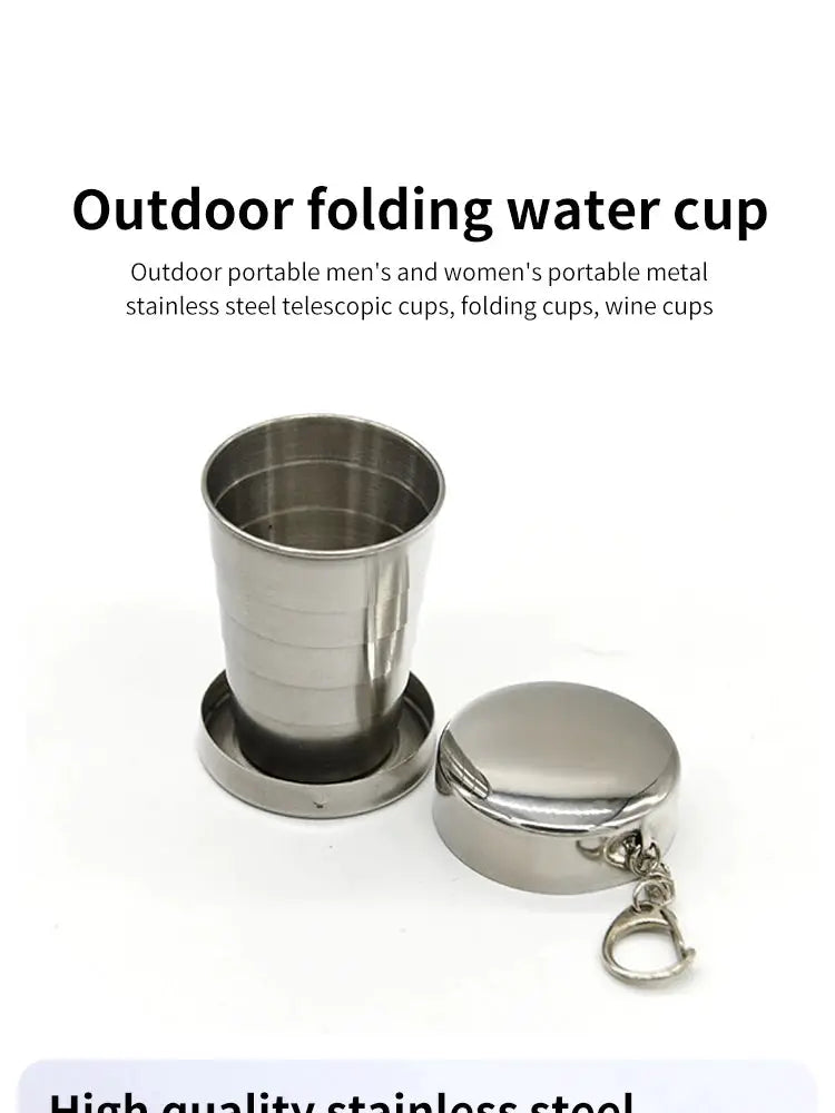 2-piece set: telescoping stainless steel camping cup with lid and keyring for outdoor use