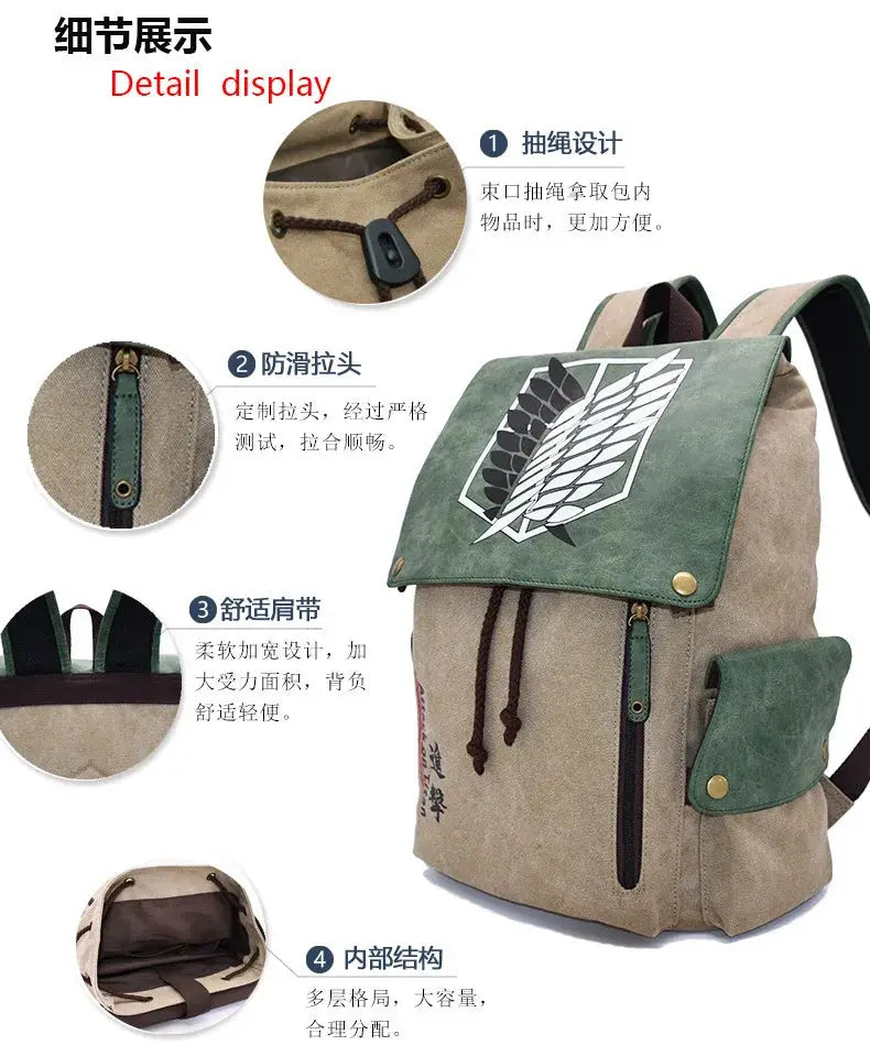 Attack on Titan canvas backpack by Simples Market, beige body with green flap and side pockets