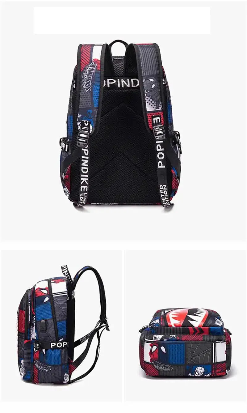 Backpack Simples Market, cartoon shark print for elementary school, black with blue and red panels
