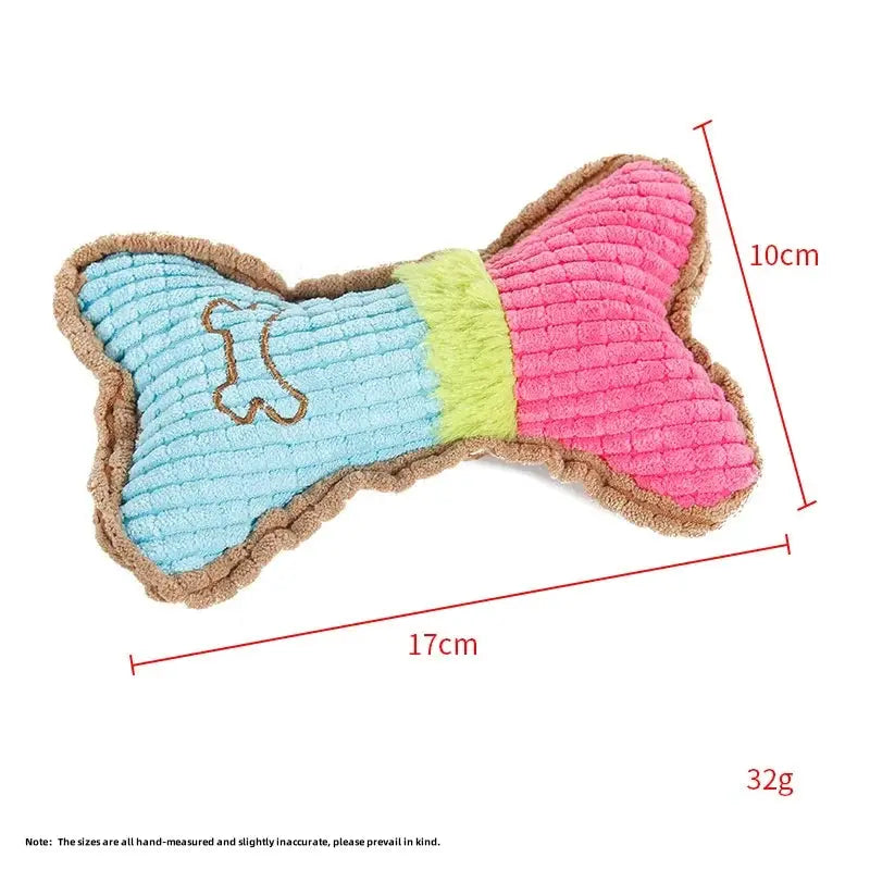 Plush dog bone squeaky toy, blue and pink with lime-green center and brown trim, 17cm long