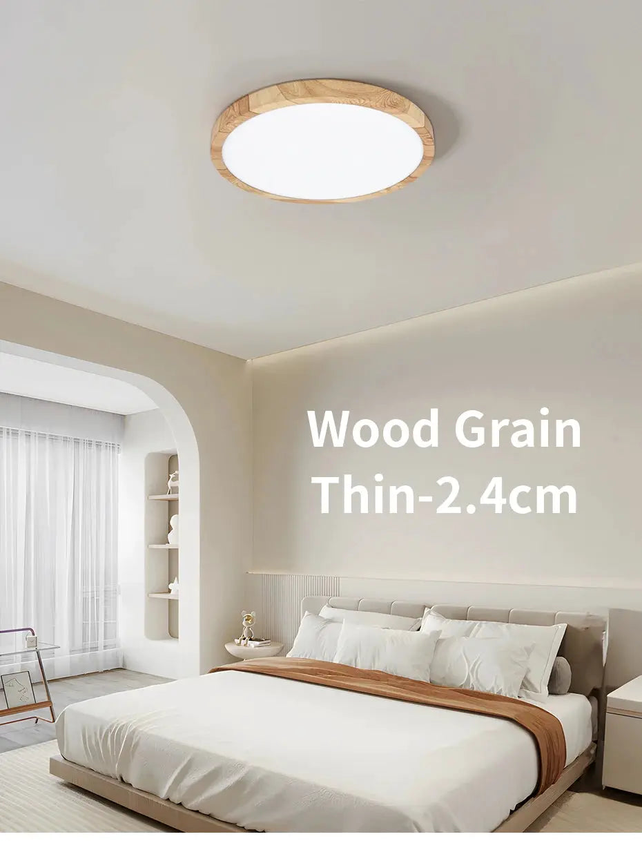 LVL LED round ceiling light with wood grain ring in white, flush mount
