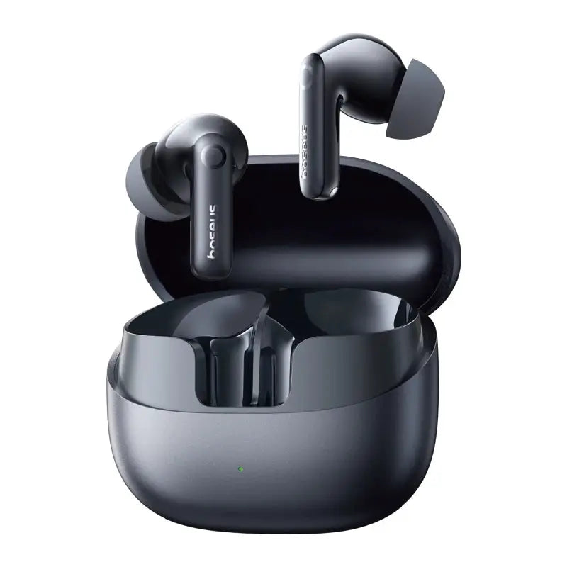 Baseus Bass BP1 Pro wireless earbuds with charging case, two shown in dark gray