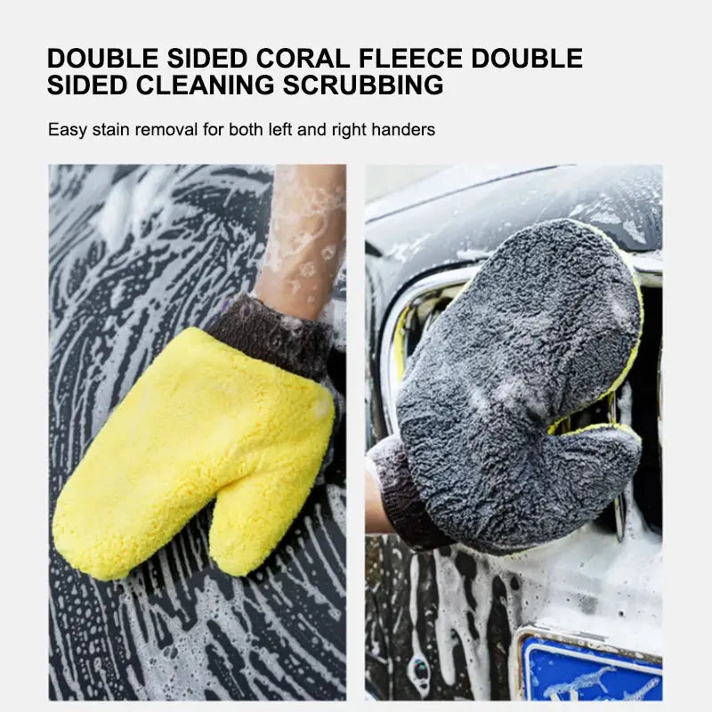 SEAMETAL microfiber car-washing glove, double-faced coral fleece, yellow and gray pair
