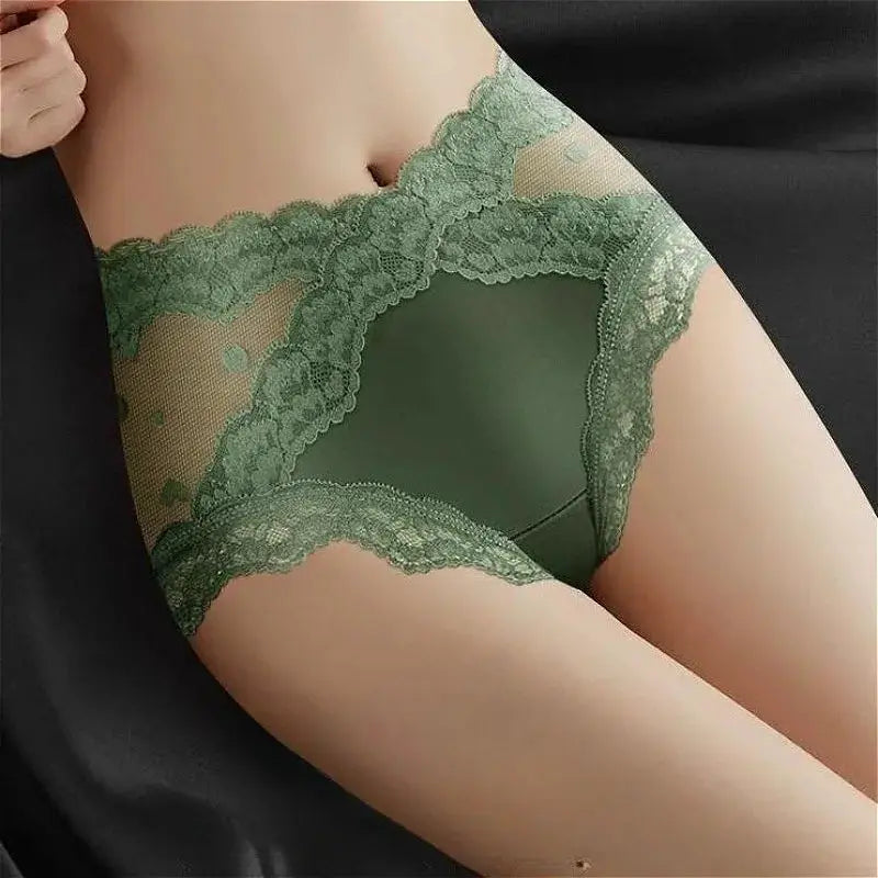 Green lace high-waist panties with sheer mesh panels