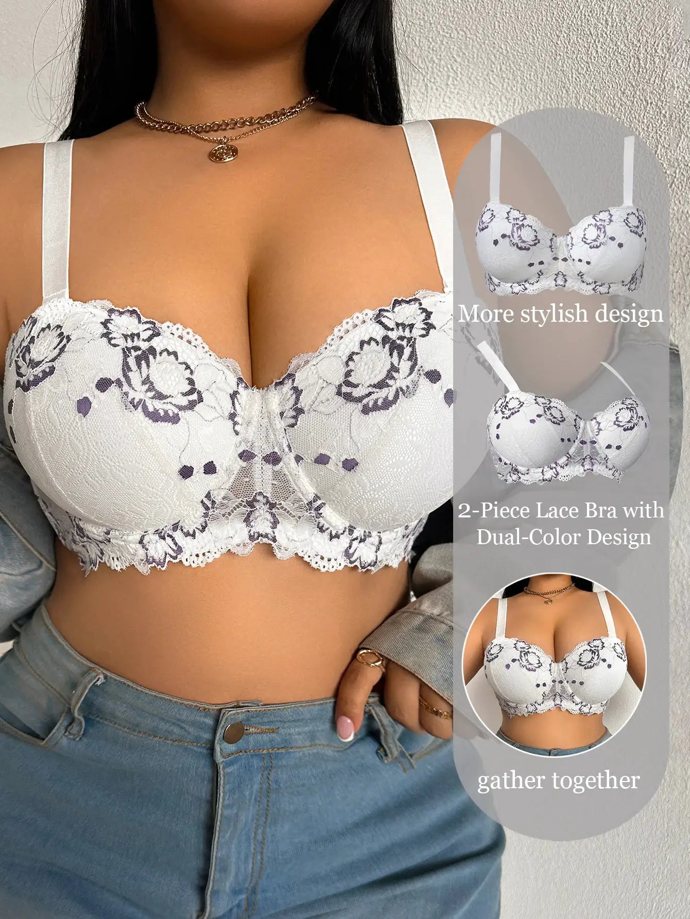 Simples Market daily wide-strap lace bra with purple floral embroidery on white lace, underwire.