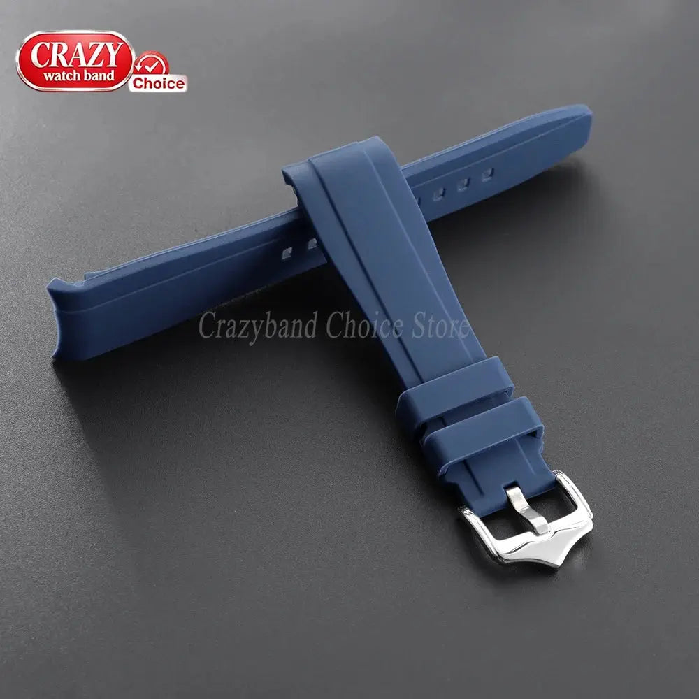Blue silicone watch strap, 20/22mm, curved-end with silver buckle; Crazyband logo watermark