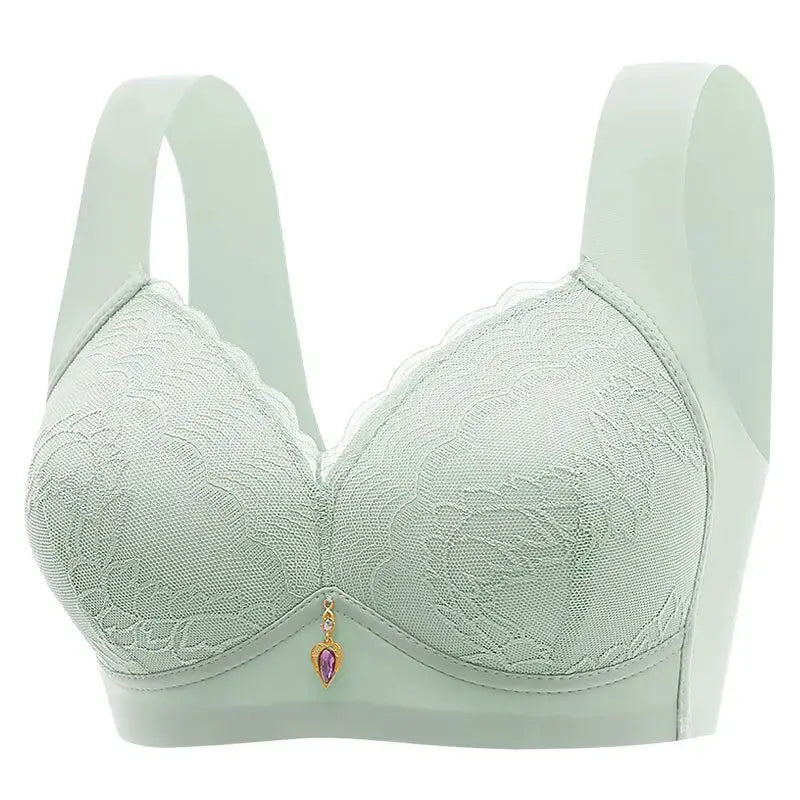 Lace bra in mint green with wide straps and center gore pendant charm