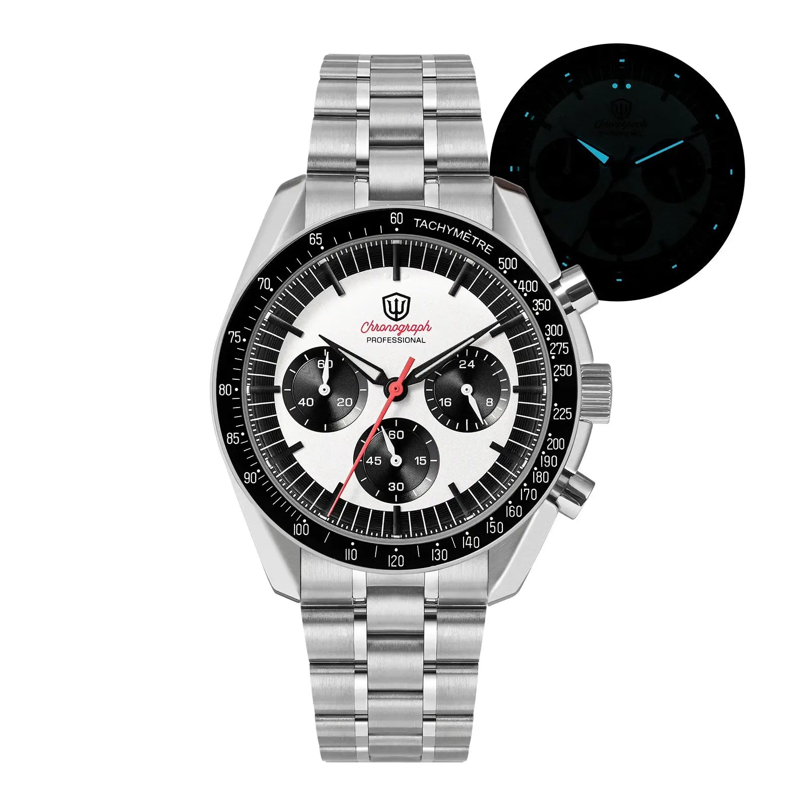 Watchdives WD1863 chronograph watch, stainless steel bracelet, 39mm white dial with black subdials and tachymeter bezel