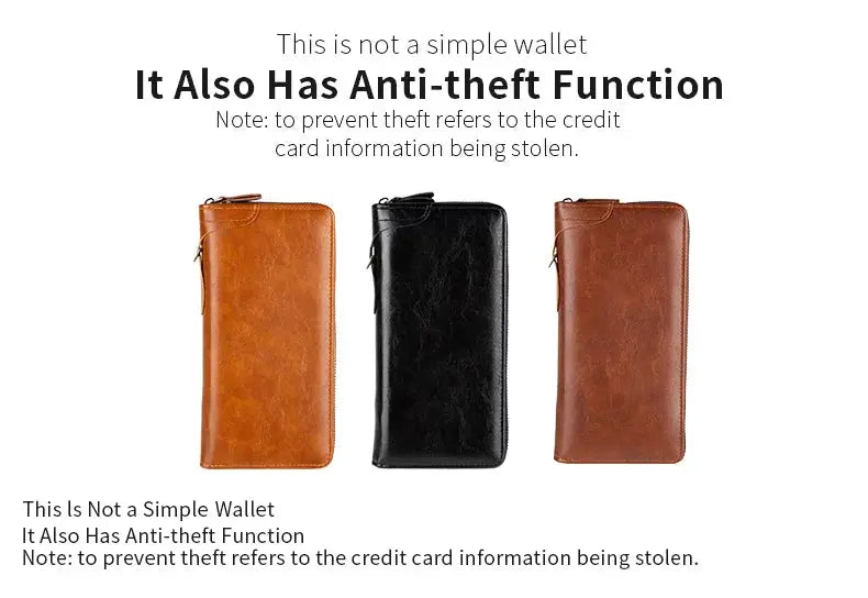 Men's long zipper PU leather wallet by Simples Market, RFID blocking; 3 wallets in tan, black, brown