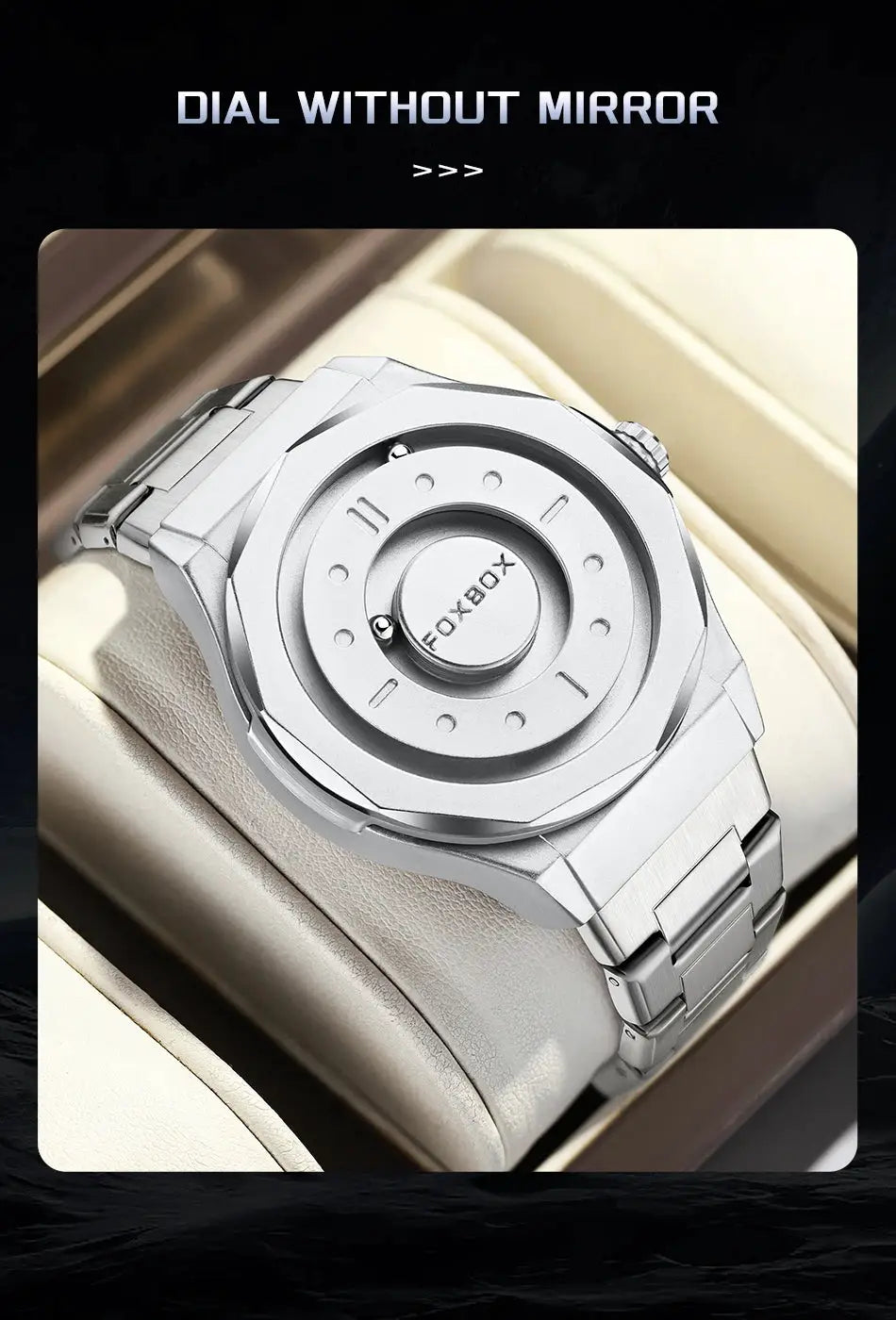 FOXBOX men's stainless steel quartz watch with metal bracelet and round caseback bearing FOXBOX.