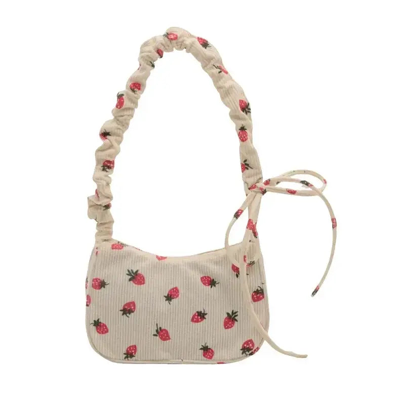Simples Market corduroy underarm bag in beige with strawberry print, mini shoulder purse