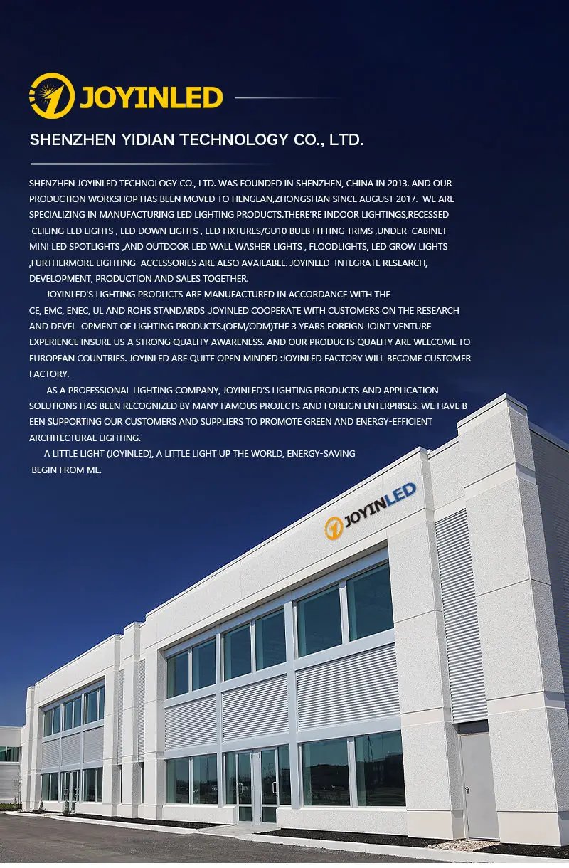 JoyinLED factory exterior with logo on a white building and Shenzhen Yidian Tech signage under a blue sky